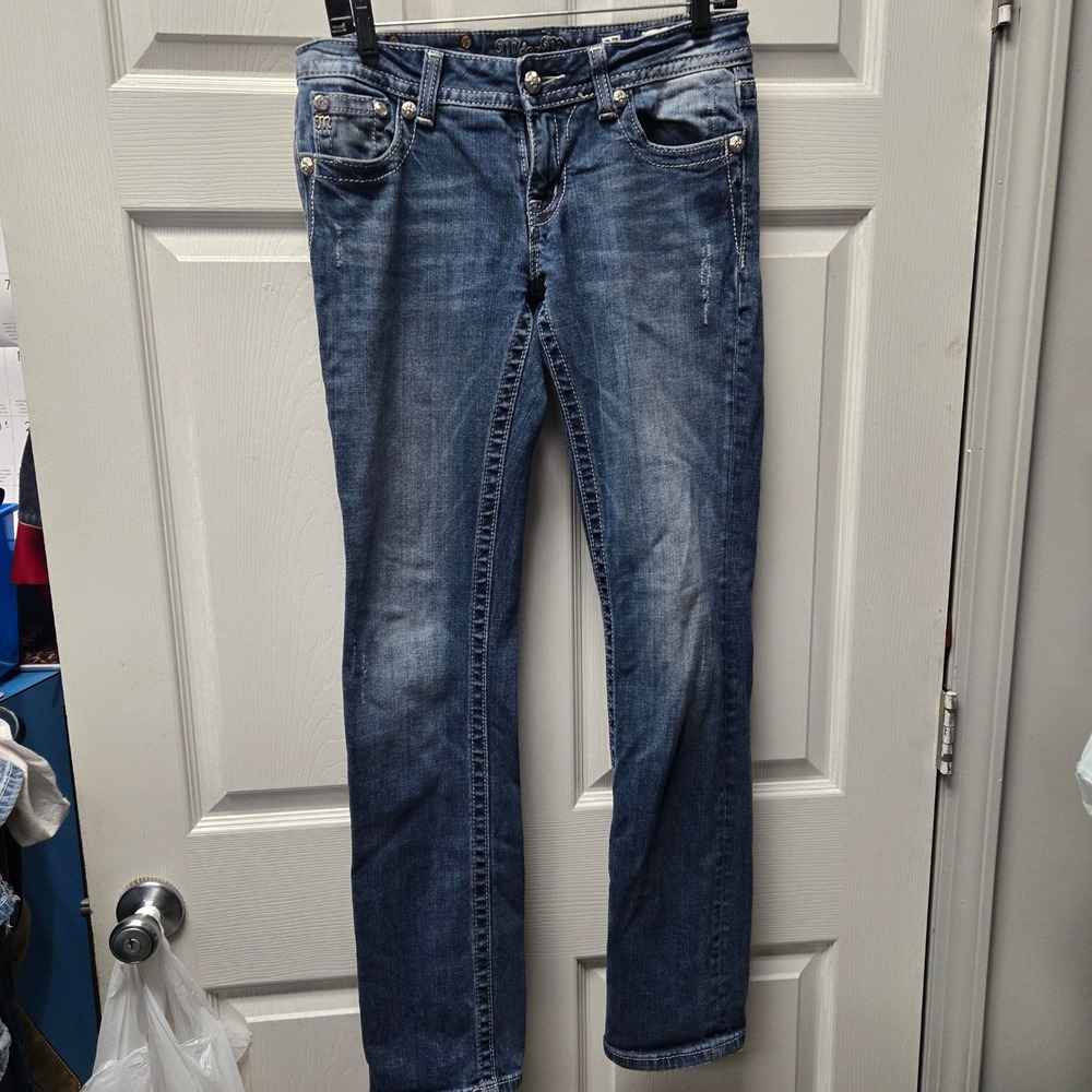 Miss Me Womens Straight Leg Jeans Blue Fleur De Lis Embellished Size 26 H539